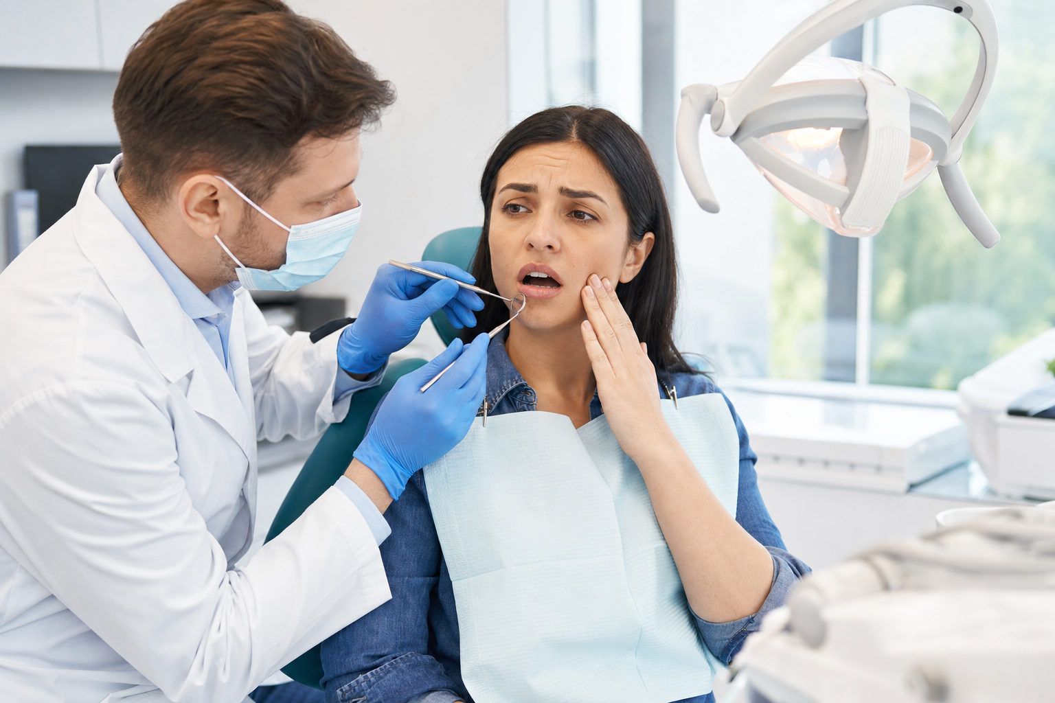 Dentist evaluating a patient with tooth pain