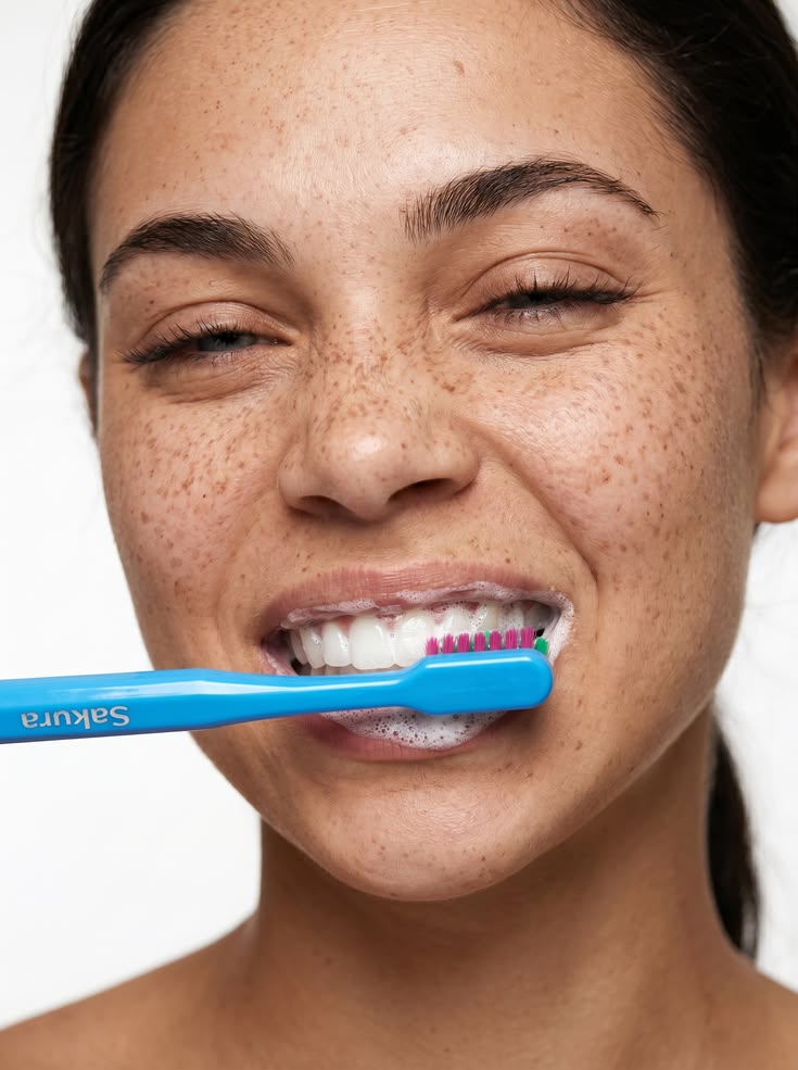 Smiling patient brushing teeth